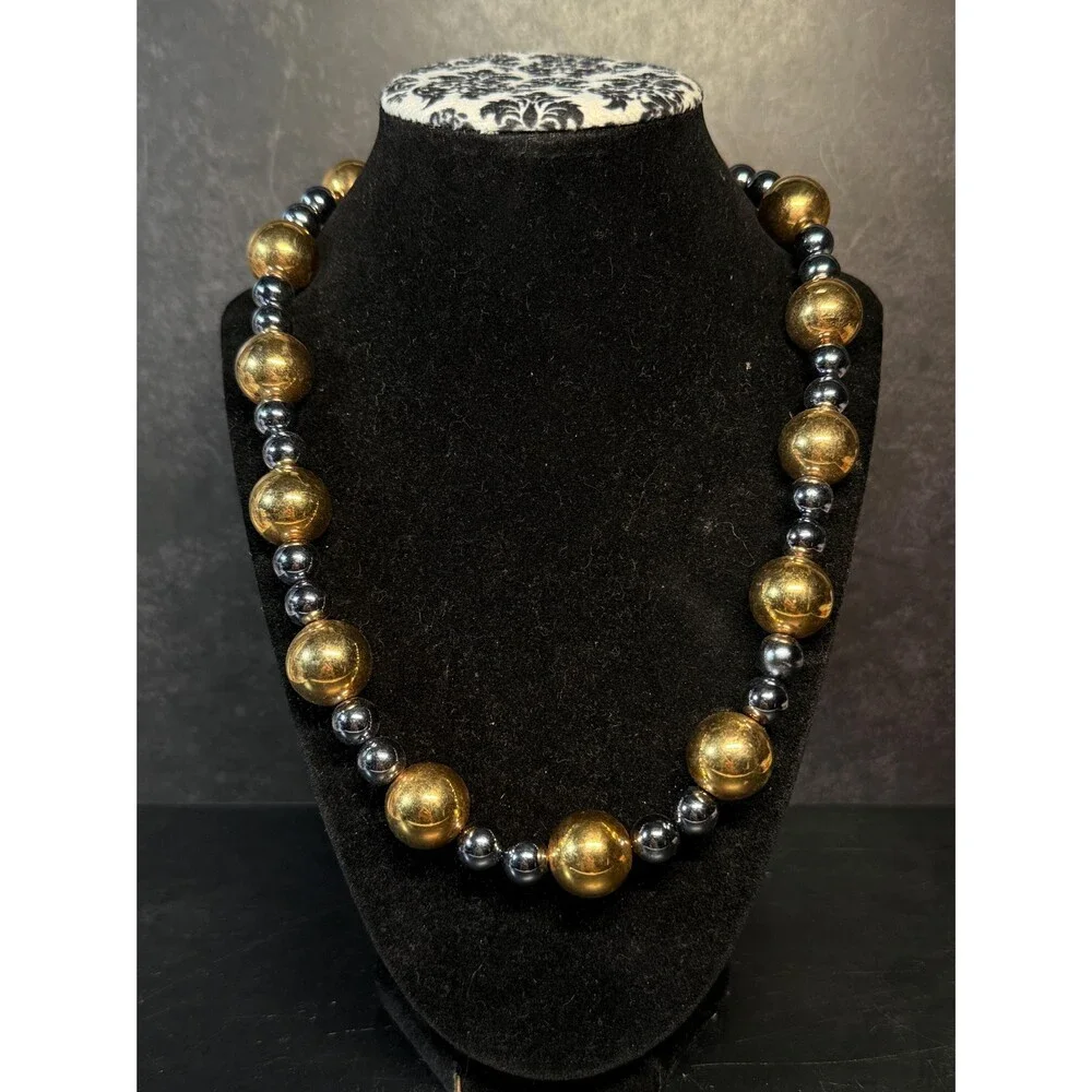 Gold Tone & Gunmetal Beaded Necklace Long Metallic Statement Necklace 41